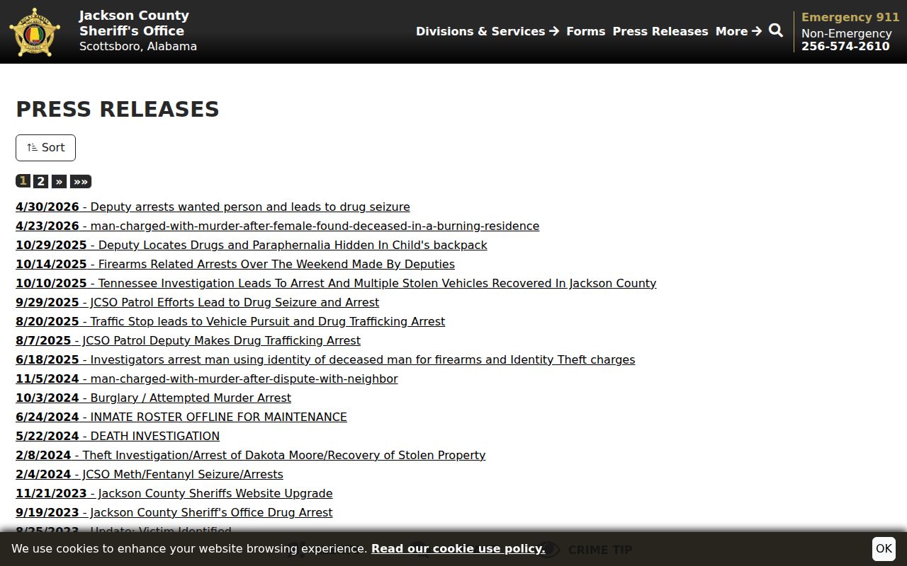 Jackson County arrest news and official sheriff press releases