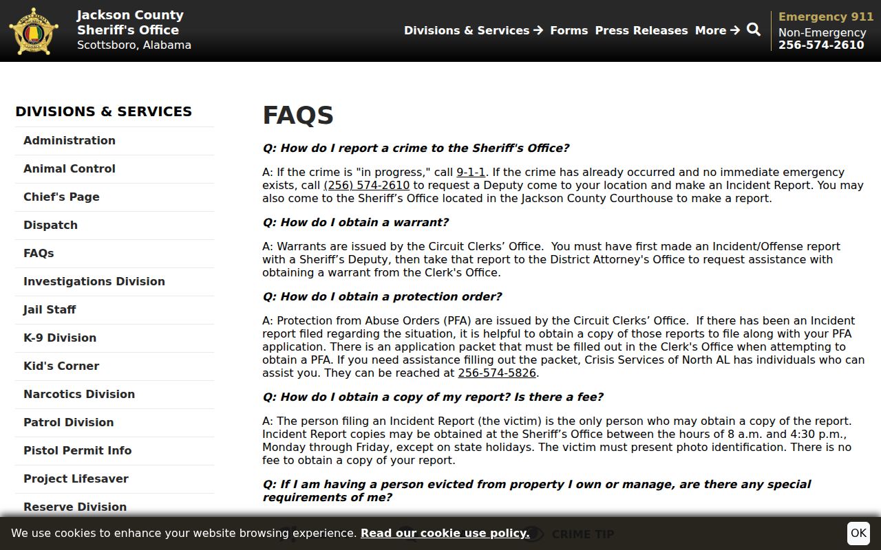 Jackson County arrest report and jail FAQ instructions